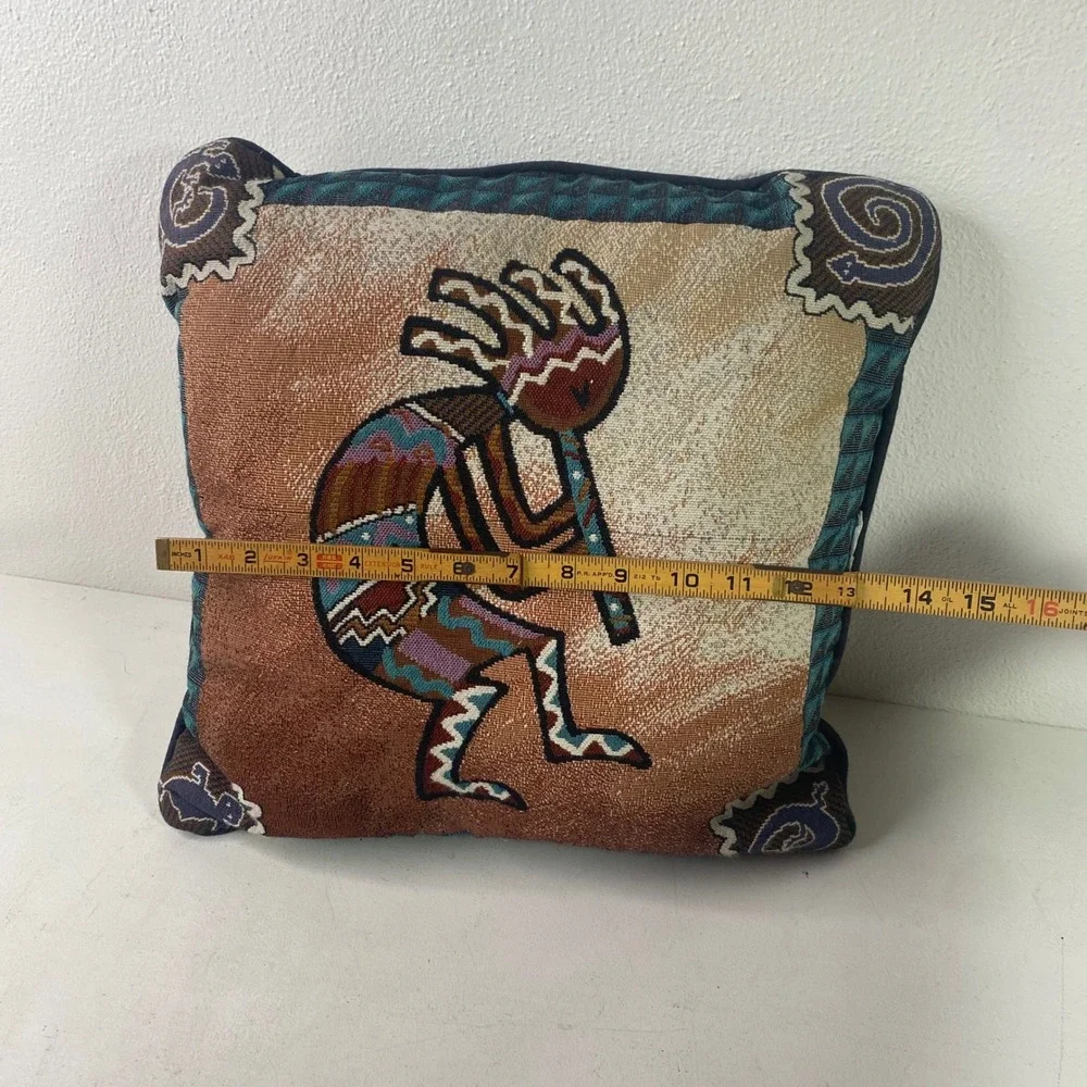 Southwestern Kokopelli Tapestry Throw Pillow Woven Flute Player Fertility Dancer